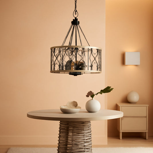 D19'' Farmhouse Chandelier, 4-Light Adjustable Dining Room Light Fixture Kitchen Island Lighting, Rustic Hanging Lights for Entryway Foyer Bedroom Living Room, Black & White Oak