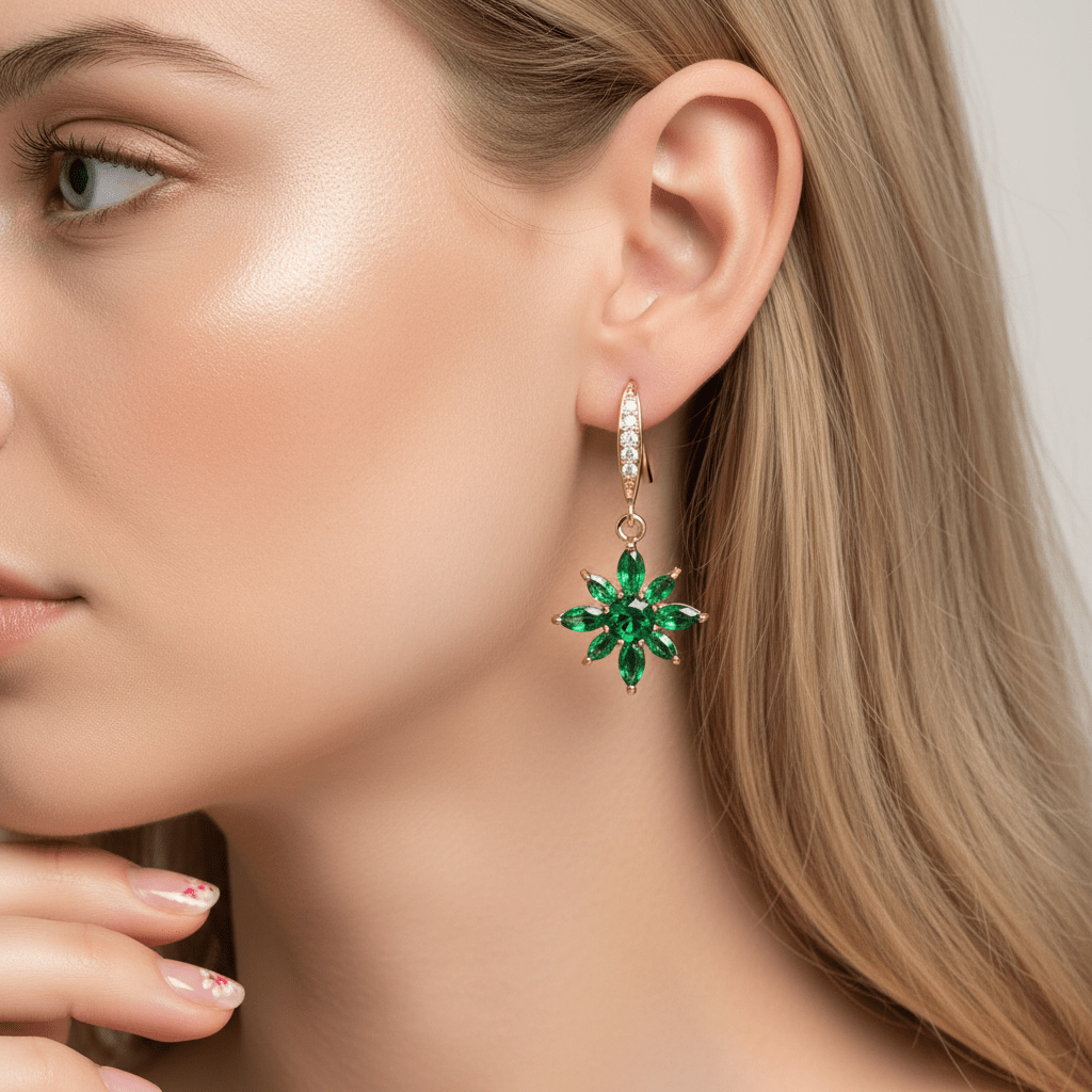 Green Crystal & Cubic Zirconia Goldtone Flower Hook Earrings