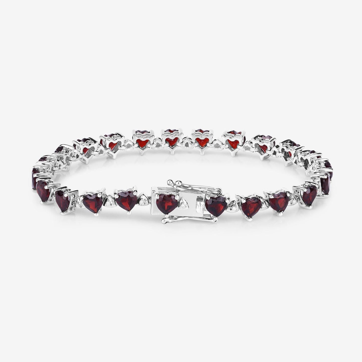 Heart Red Garnet Prong Sterling Silver Box Clasp Tennis Bracelet