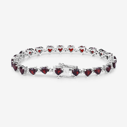 Heart Red Garnet Prong Sterling Silver Box Clasp Tennis Bracelet