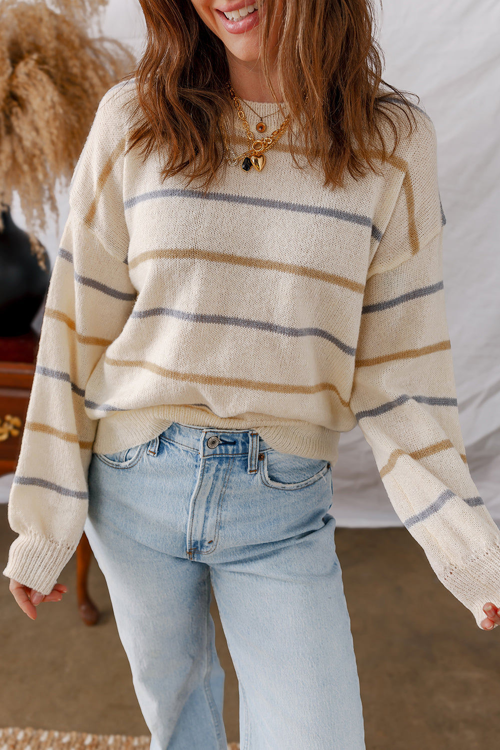 Threaded Pear Eden Striped Ribbed Edge Drop Shoulder Sweater