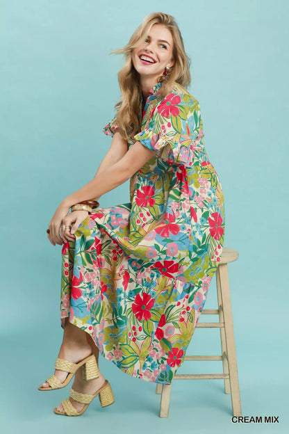 Umgee Tropical Floral Ruffle Sleeve Tiered Midi Dress in Cream
