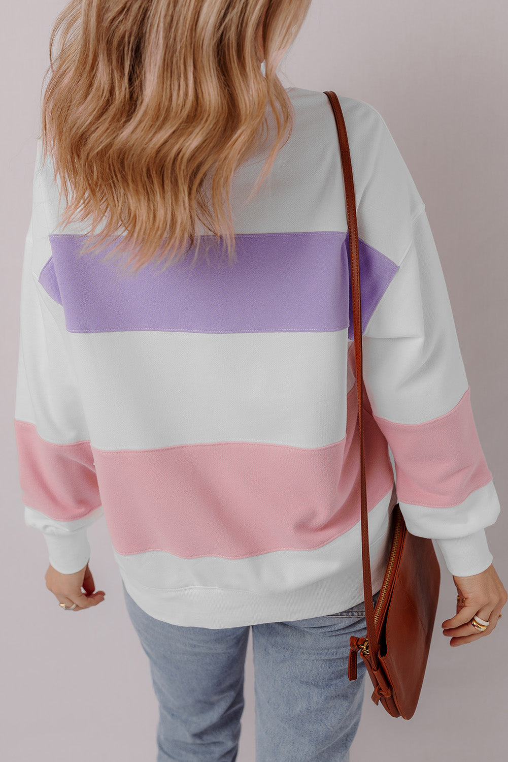 Threaded Pear Beige Colorblock Patchwork Drop Shoulder Crewneck Sweatshirt