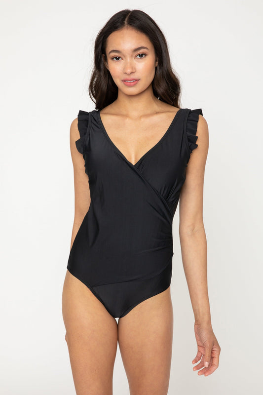 Marina West V-Neck Shoulder Ruffle One Piece Swimsuit (F1802) - Black