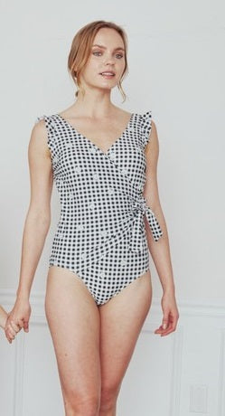 Marina West V-Neck Shoulder Ruffle One Piece Swimsuit (F1802) - Gingham Daisy Blk