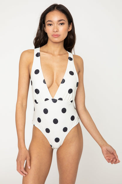 Marina West V-Neck Tie Front One Piece Swimsuit (F1811) - Cream/Blk Dot