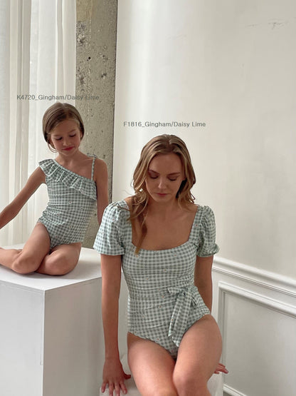 Marina West Puff Sleeve One Piece Swimsuit (F1816) - Gingham Daisy Mint