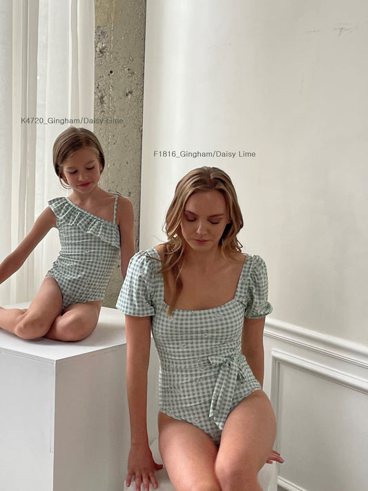 Marina West Puff Sleeve One Piece Swimsuit (F1816) - Gingham Daisy Mint