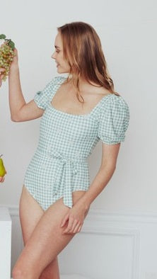 Marina West Puff Sleeve One Piece Swimsuit (F1816) - Gingham Daisy Mint