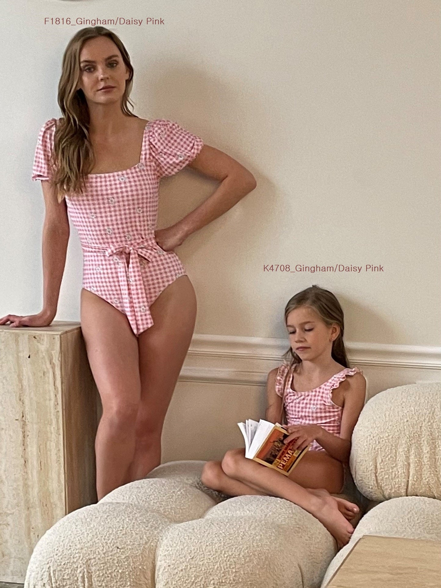 Marina West Puff Sleeve One Piece Swimsuit (F1816) - Gingham Daisy Pink