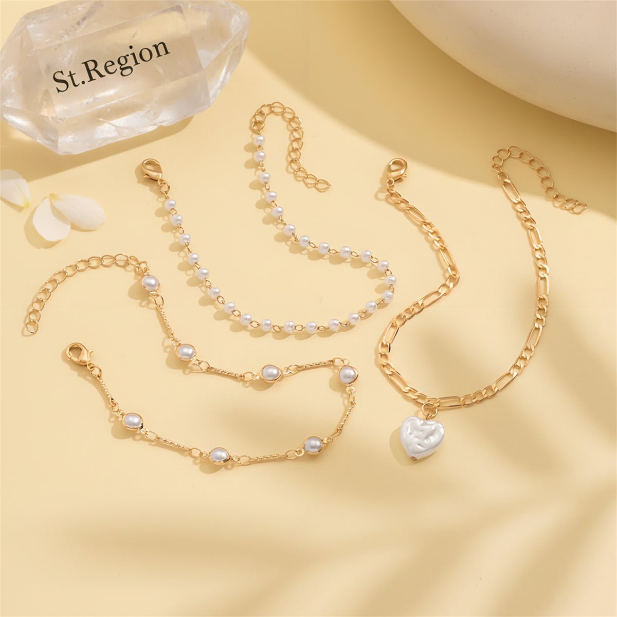 Heart-Shape Pearl & Goldtone Beads Chain Bar Station Anklet Set