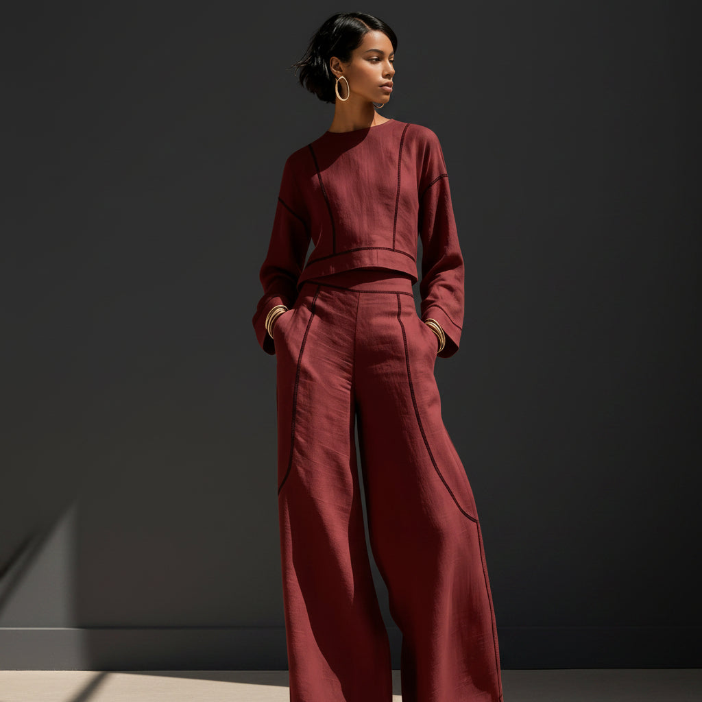 Women's Cropped Long-Sleeve Top & Ultra-Wide Palazzo Pants Set
