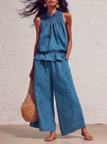 Women's Smocked Neckline Ruffle Hem Linen Tank & Wide-Leg Cropped Pants Set