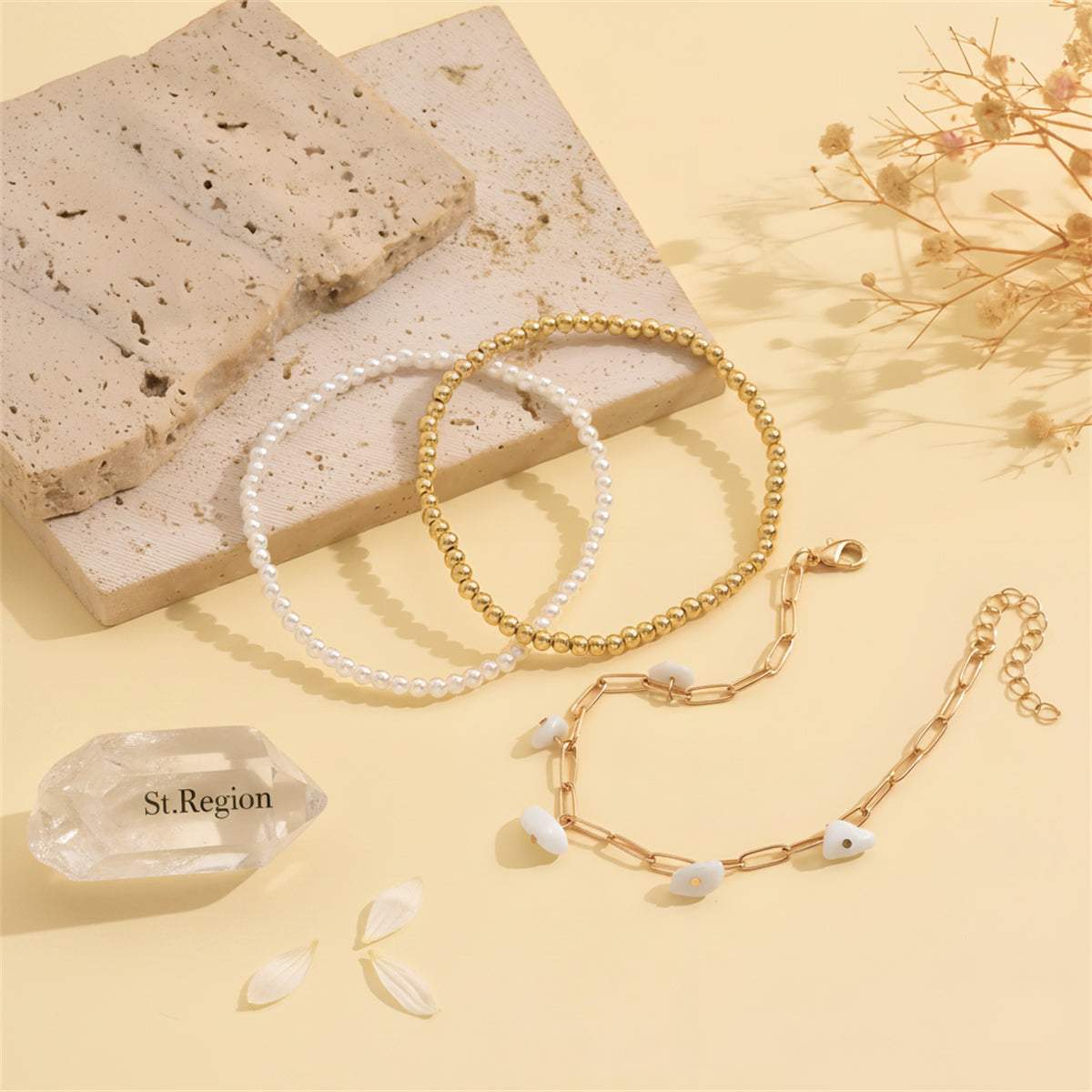 White Turqouise & Pearl Goldtone Beads Stretch Anklet Set