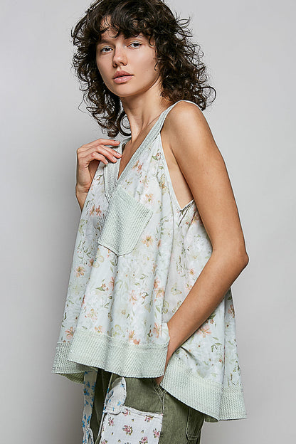 POL Floral V-Neck Tank with Front Pocket