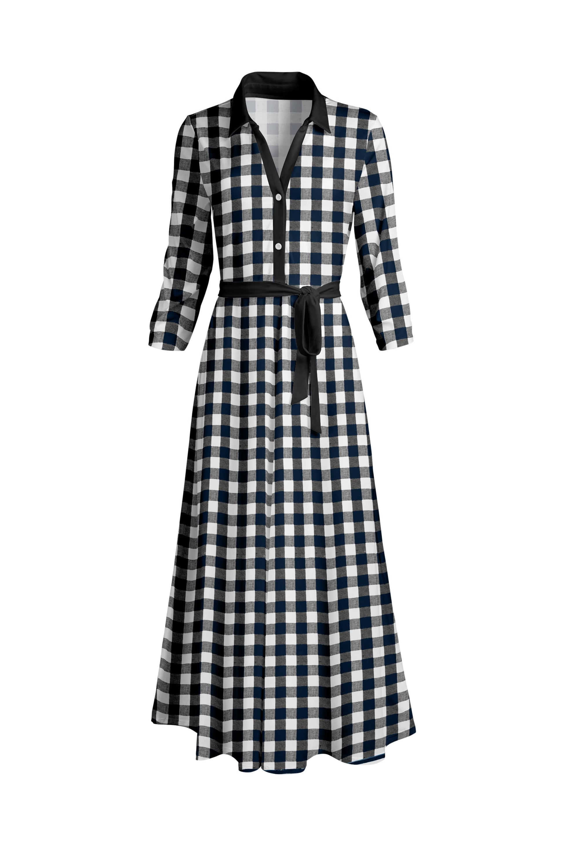 Lily by Firmiana Women's Long Sleeve Collared Maxi Dress with Tie Black & White Gingham Check Black & White Gingham Check / Xs