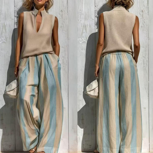 Women's Textured Knit V-Notch Stand Collar Tank & Striped Wide-Leg Palazzo Pants Set