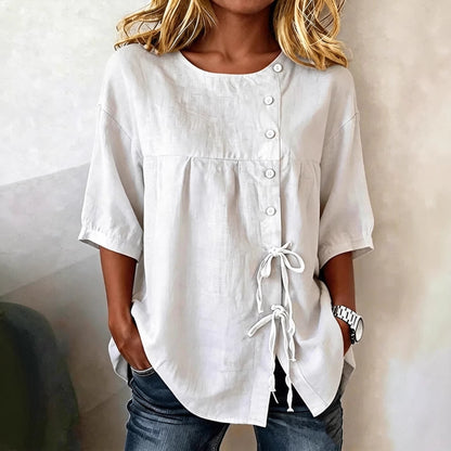 Women's Linen Lace-Up Button Shirt – 3/4 Sleeve Asymmetric