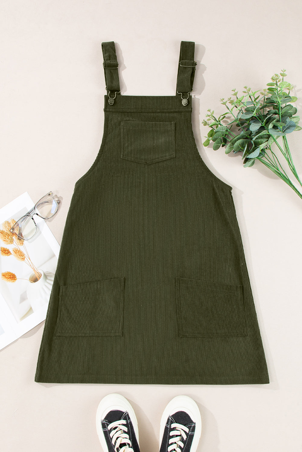 Alexis Front Pockets Corduroy Overall Dress. - Threaded Pear