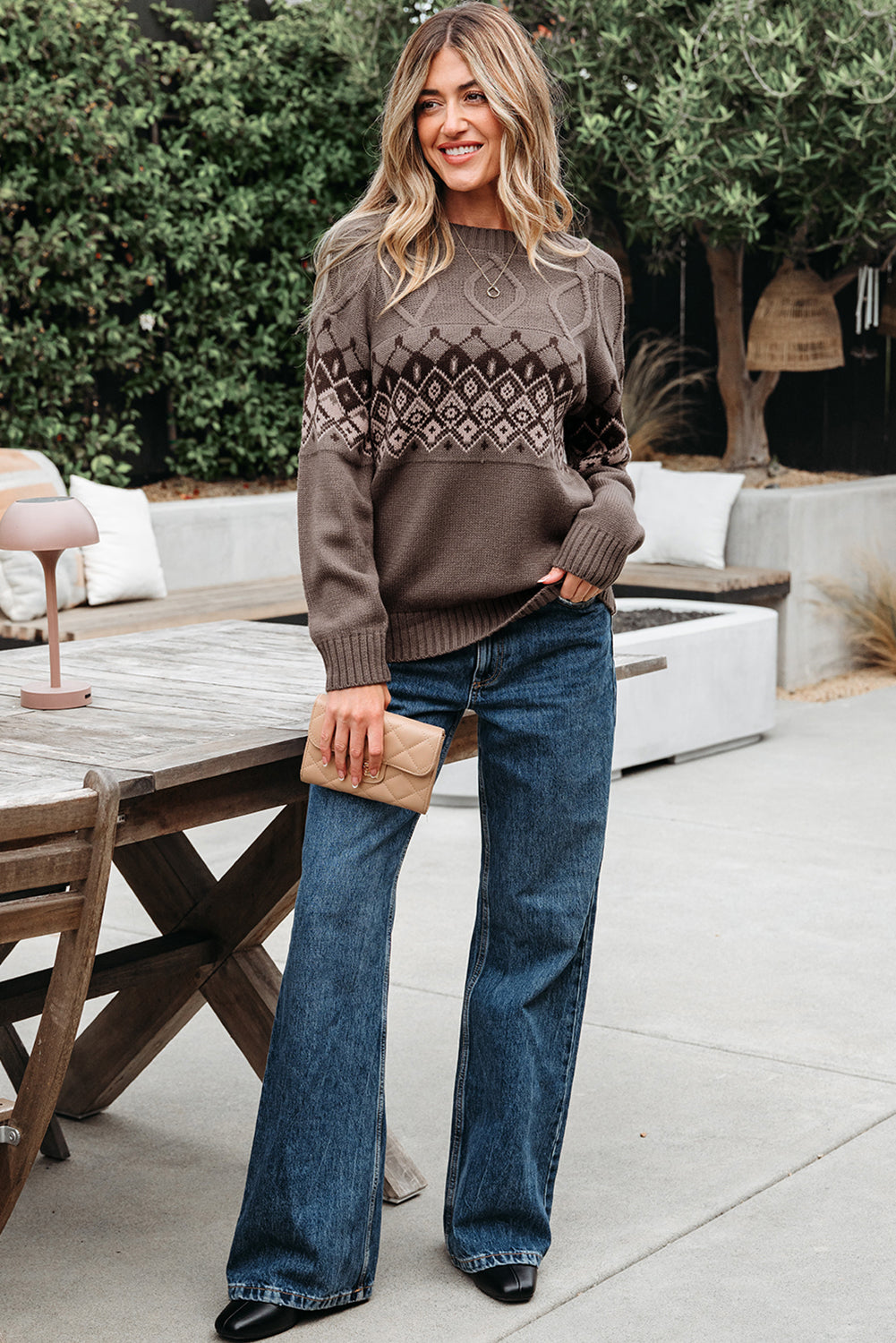 Threaded Pear Alana Western Geometric Patterned Crew Neck Knitted Sweater