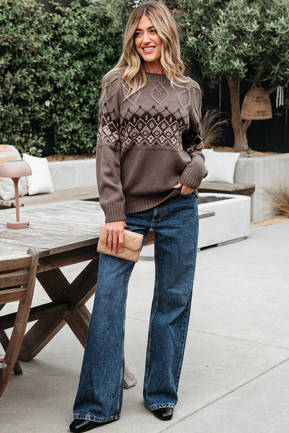 Threaded Pear Alana Western Geometric Patterned Crew Neck Knitted Sweater
