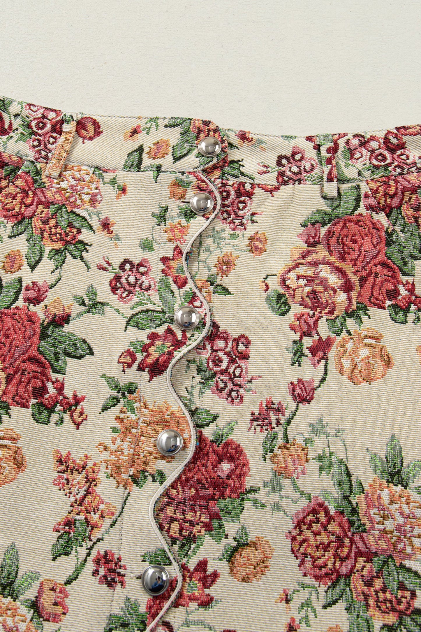 Buttoned Front Floral Scalloped Trim Mini Jacquard Floral Skirt