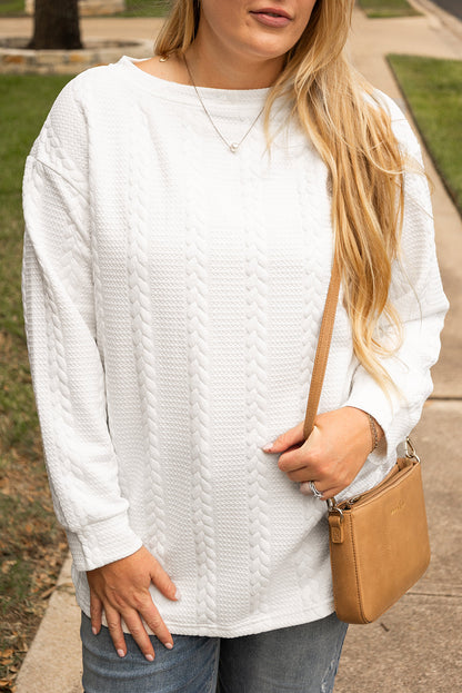 Threaded Pear White Cable Textured Loose Plus Size Sweatshirt