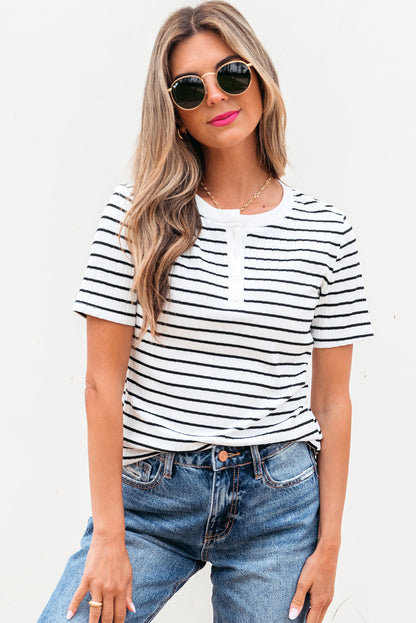 Threaded Pear Marleigh Stripe Textured Buttoned Henley Top