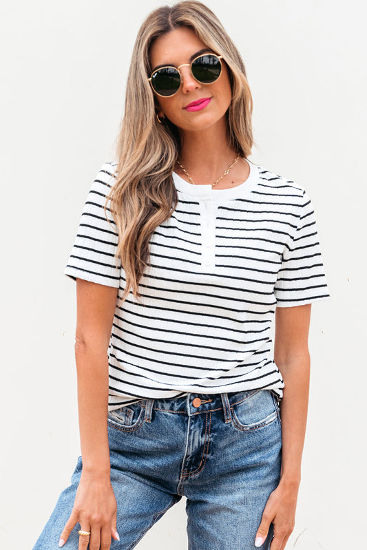 Threaded Pear Marleigh Stripe Textured Buttoned Henley Top