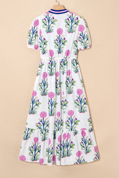 Threaded Pear Julietta Floral Puff Short Sleeve V Neck High Waist Maxi Dress