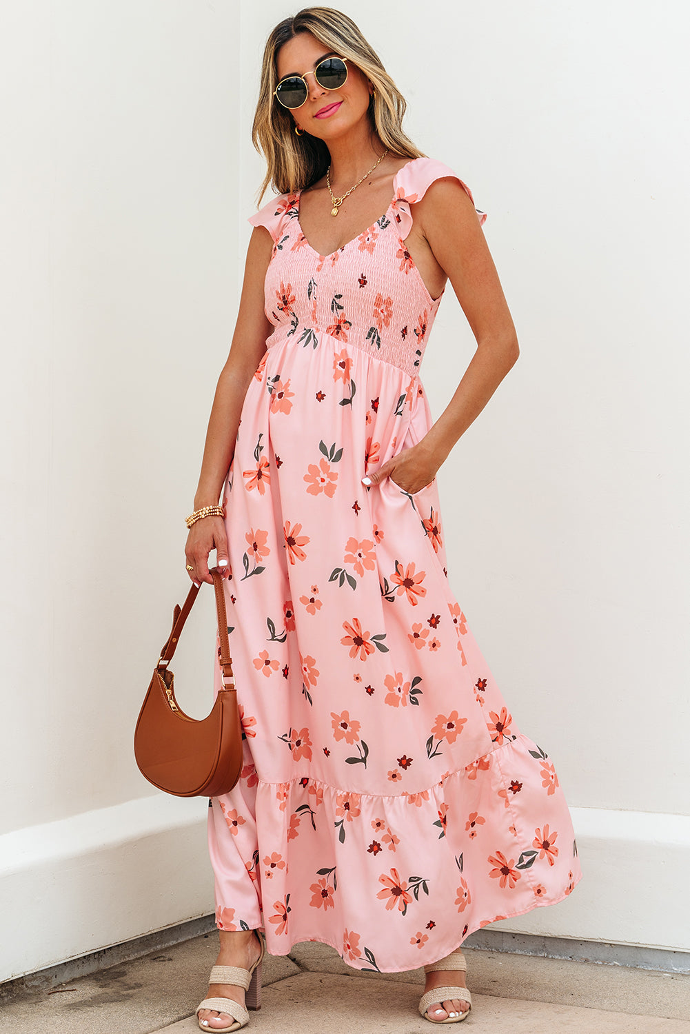 Threaded Pear Clare Floral High Waist Ruffle Hem Long Dress