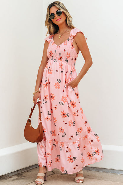 Threaded Pear Clare Floral High Waist Ruffle Hem Long Dress