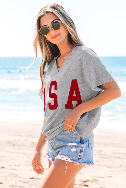 Threaded Pear USA Patch Notched Neck Loose Tee