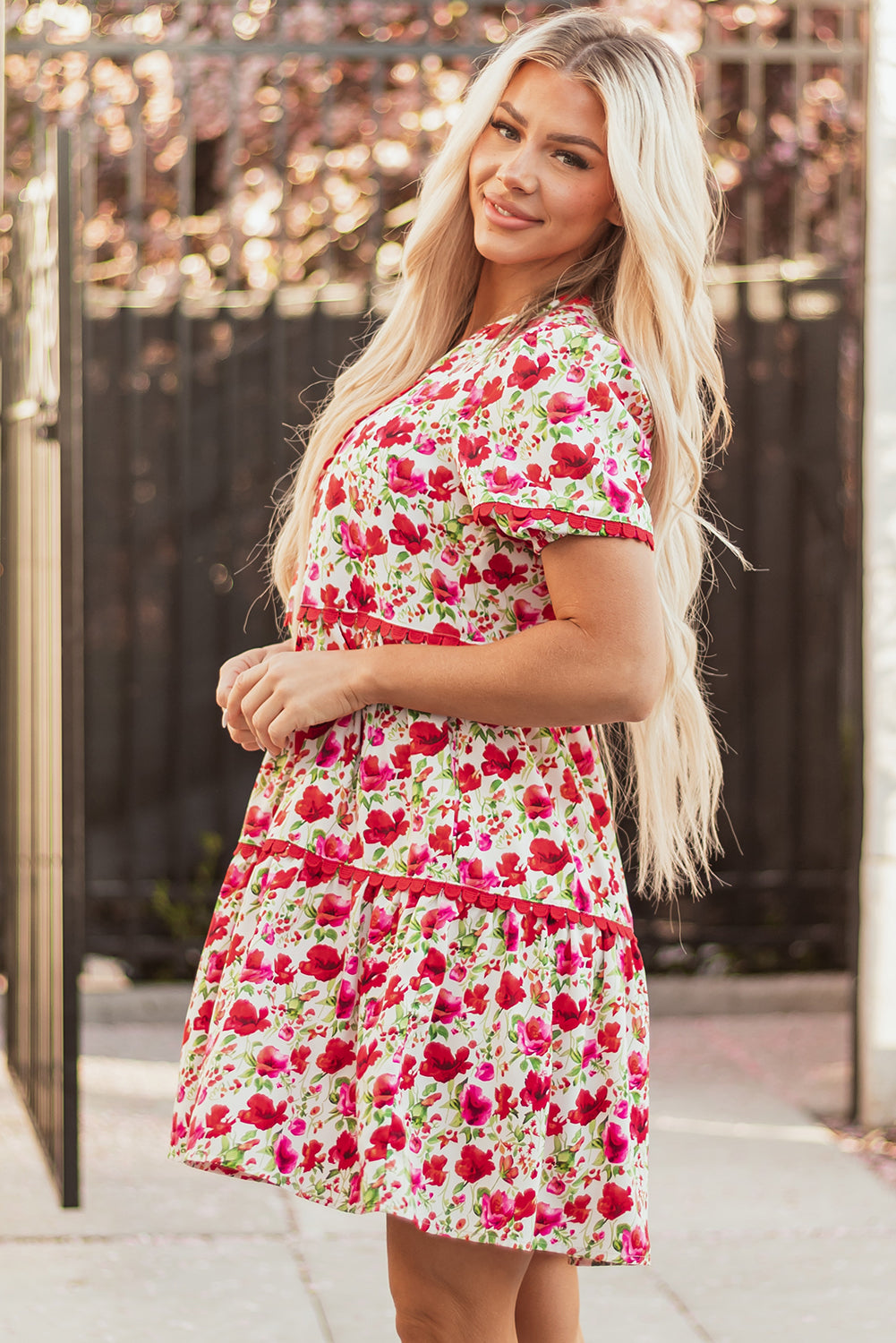 Threaded Pear Ruby Floral Puff Sleeve Tiered Ric Rac Pocketed Mini Dress