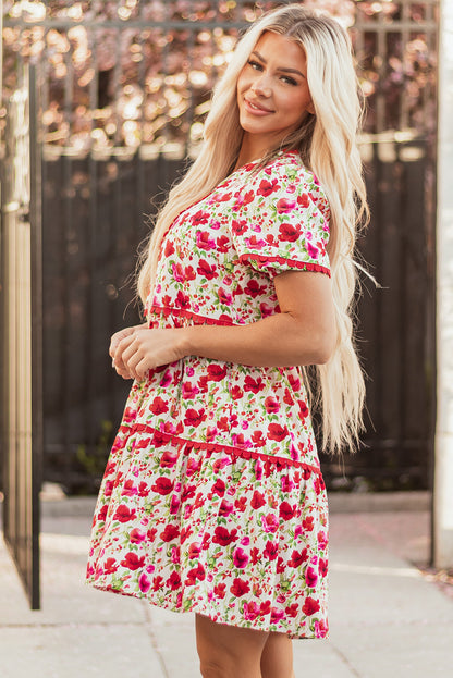 Threaded Pear Ruby Floral Puff Sleeve Tiered Ric Rac Pocketed Mini Dress