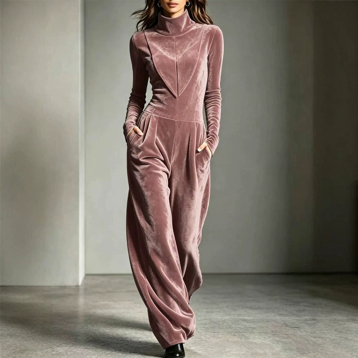 Women's Velvet Mock Turtleneck Chevron-Seam Fitted Bodice Balloon-Leg Jumpsuit