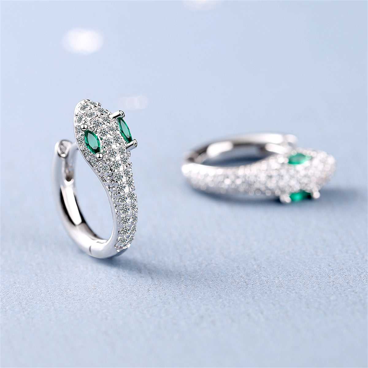 Green Crystal & Cubic Zirconia Silvertone Snake Huggie Earrings
