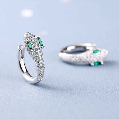 Green Crystal & Cubic Zirconia Silvertone Snake Huggie Earrings