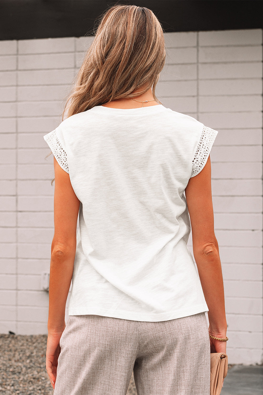 Threaded Pear Ivy Lace Patchwork Cap Sleeve Round Neck Top