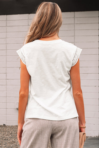 Threaded Pear Ivy Lace Patchwork Cap Sleeve Round Neck Top