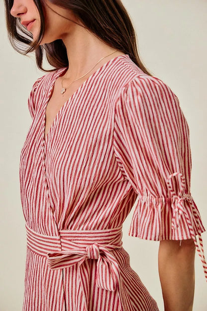 SO ME Stripe Textured Short Sleeves Lined Wrap Midi Dress