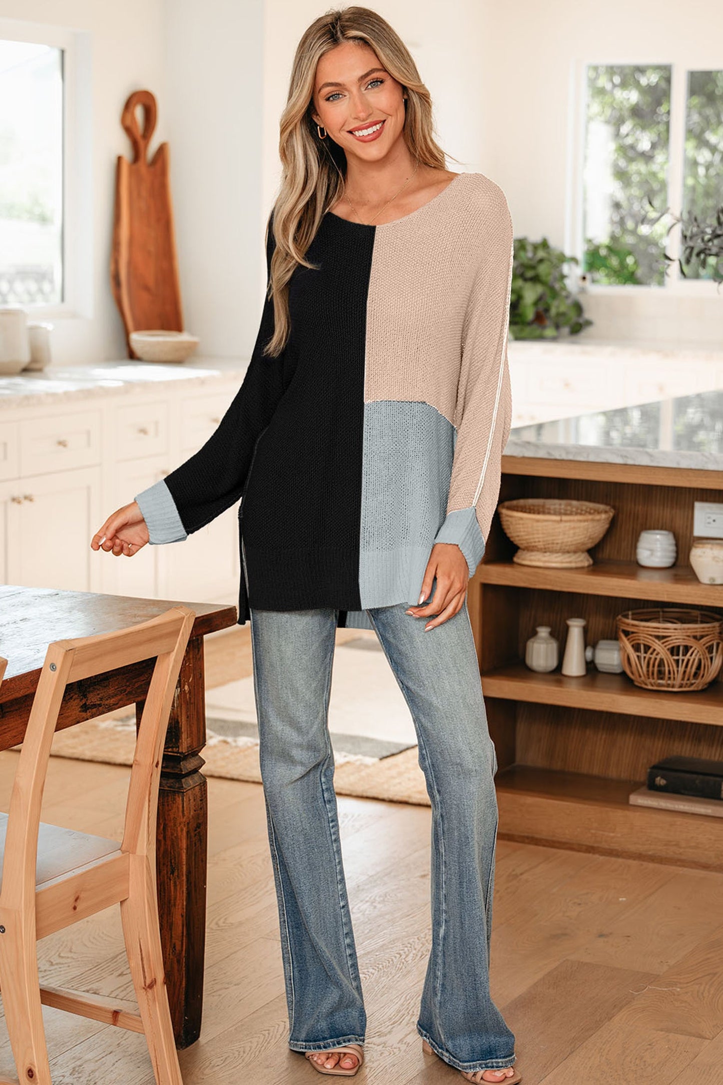 Threaded Pear Zayla Block Knit Loose Sweater