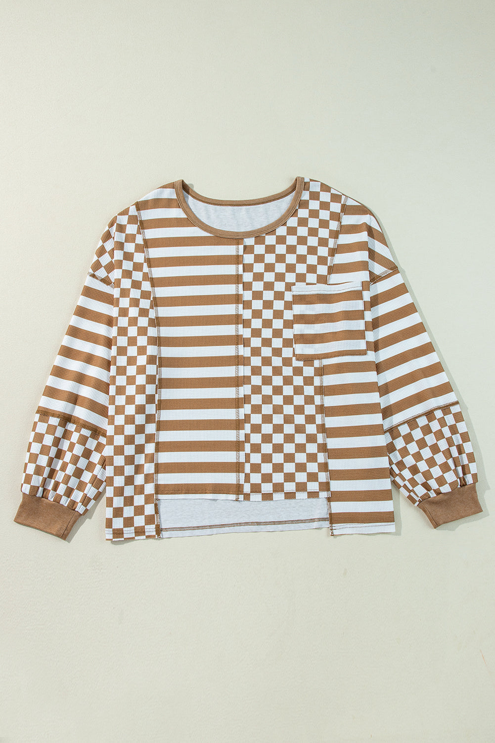 Threaded Pear Khaki Striped Checkered Mixed Print Chest Pocket Casual Plus Size Top