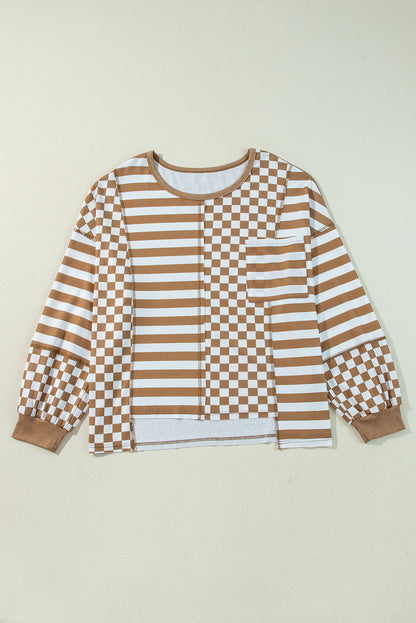 Threaded Pear Khaki Striped Checkered Mixed Print Chest Pocket Casual Plus Size Top