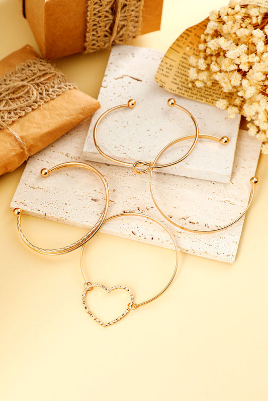 Threaded Pear Gold Heart Knot Plated Multi Layer Open Cuff Bracelet Set