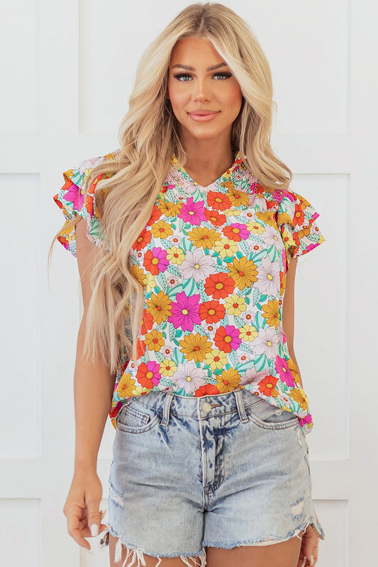 Threaded Pear Leslie Floral Shirred Tiered Ruffled Sleeve Blouse
