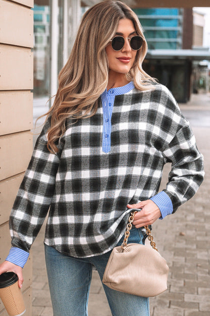 Threaded Pear Ezra Half Placket Plaid Blouse