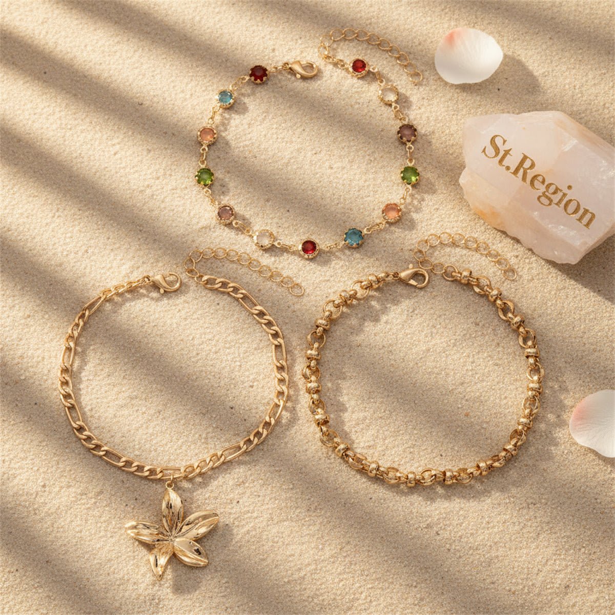 Multi-Colored Crystal & Goldtone Round Station Flower Charm Anklet Set