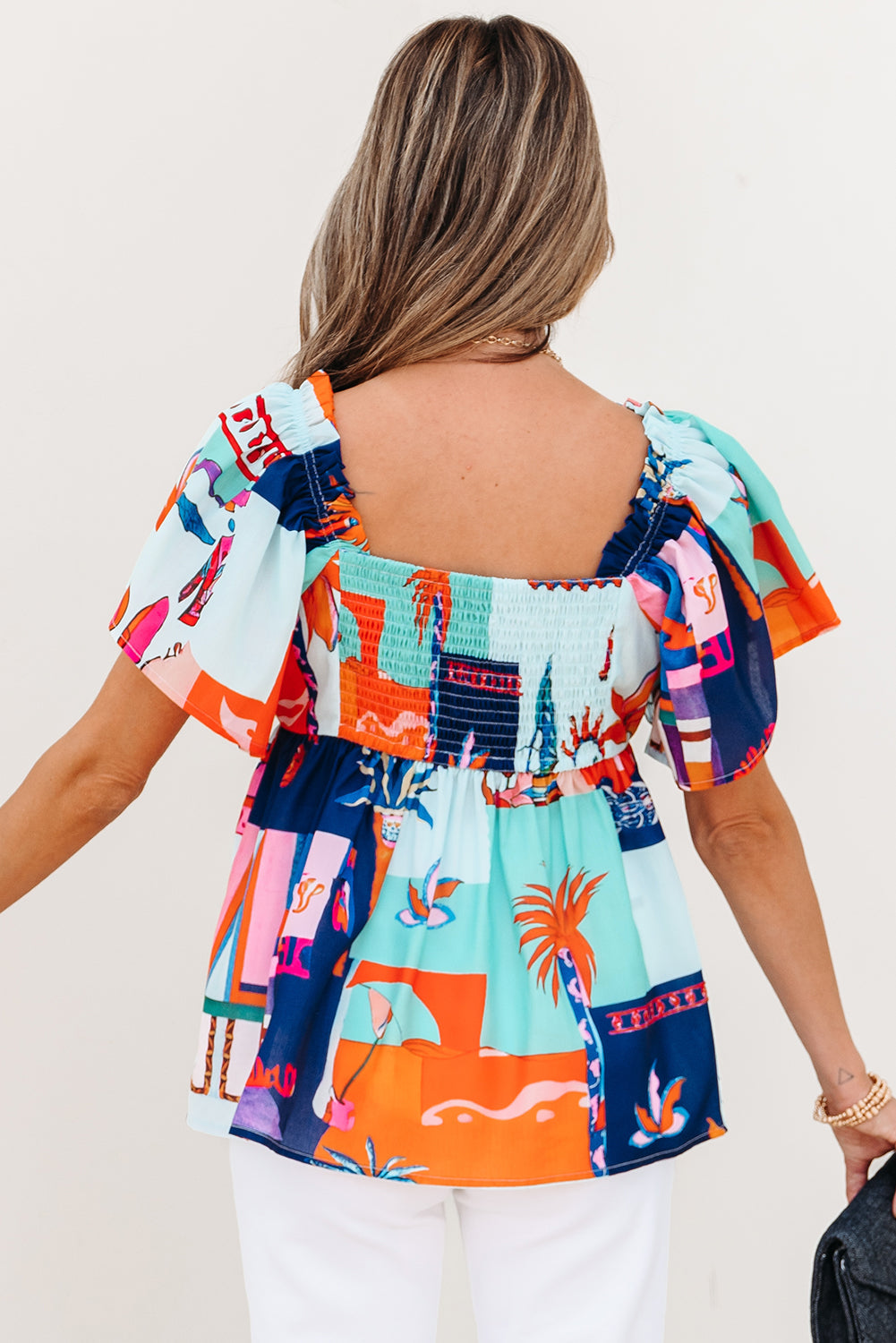 Threaded Pear Payton Tropical Flutter Sleeve Babydoll Blouse