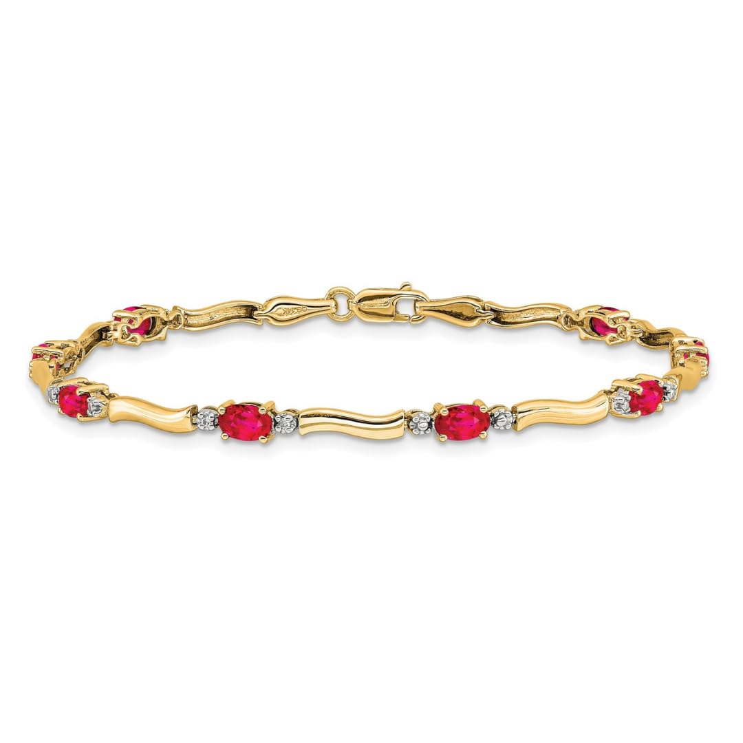 Oval Red Ruby & Diamond Prong 14K Yellow Gold Wave Link Bracelet